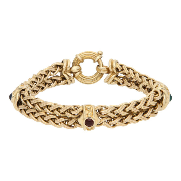 Pulsera de dos hilos eslabón tejido con aplicaciones y sintéticos en oro amarillo 14 kilates.