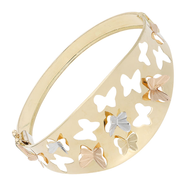 Pulsera de arillo calado motivo mariposas en oro tres tonos 14 kilates.