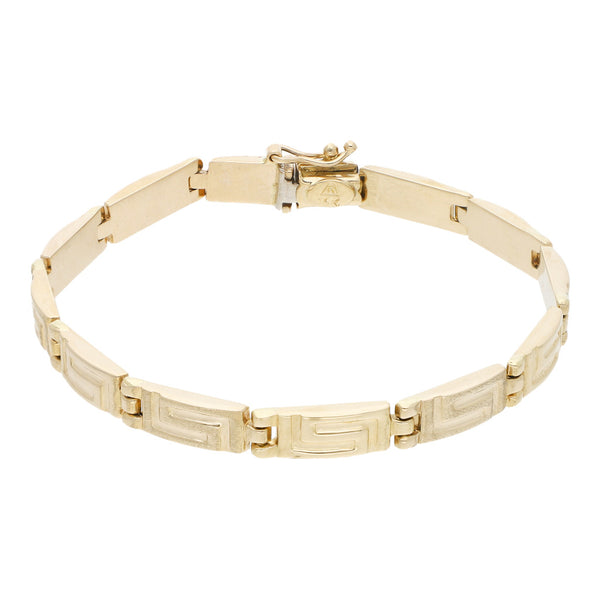 Pulsera eslabón articulado motivo grecas en oro amarillo 14 kilates.