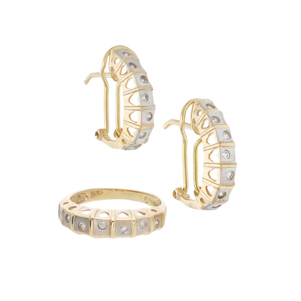 Juego de anillo y aretes platinados con sintéticos motivo corazón en oro amarillo 14 kilates.