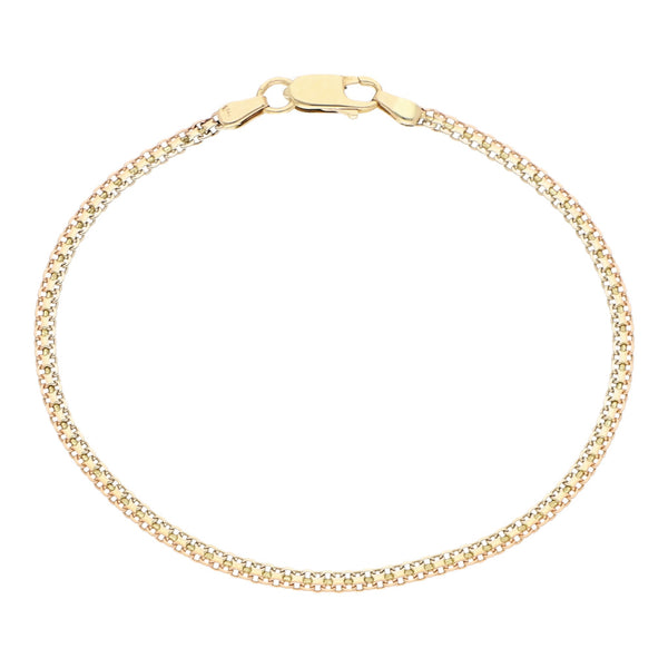 Pulsera eslabón tejido en oro tres tonos 14 kilates.