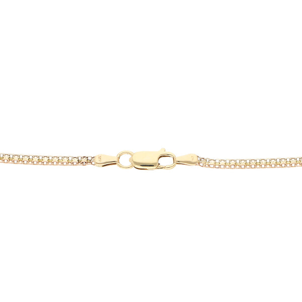 Pulsera eslabón tejido en oro tres tonos 14 kilates.