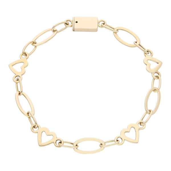 Pulsera eslabón cruzado motivo corazón en oro amarillo 12 kilates.