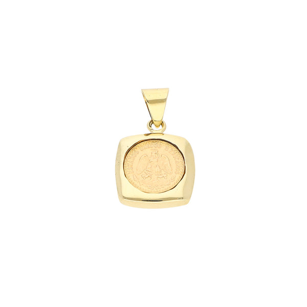 Dije diseño especial con una moneda de dos pesos oro mexicano 21.6 kilates en oro amarillo 14 kilates.