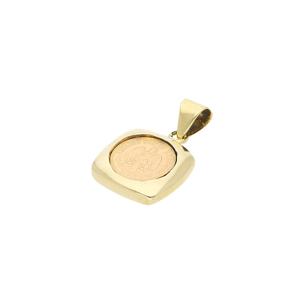 Dije diseño especial con una moneda de dos pesos oro mexicano 21.6 kilates en oro amarillo 14 kilates.