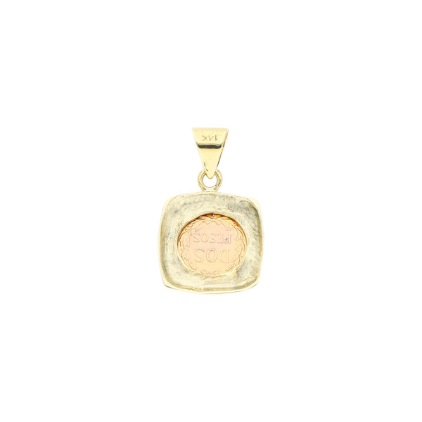 Dije diseño especial con una moneda de dos pesos oro mexicano 21.6 kilates en oro amarillo 14 kilates.