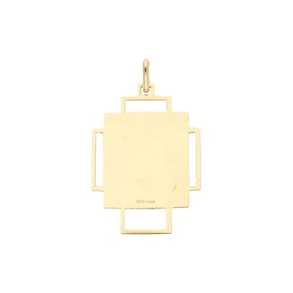 Cruz calada motivo Divino Rostro con esmalte en oro amarillo 14 kilates.