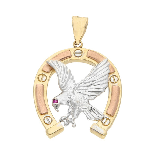 Dije diseño especial con sintético motivo águila en herradura en oro tres tonos 14 kilates.