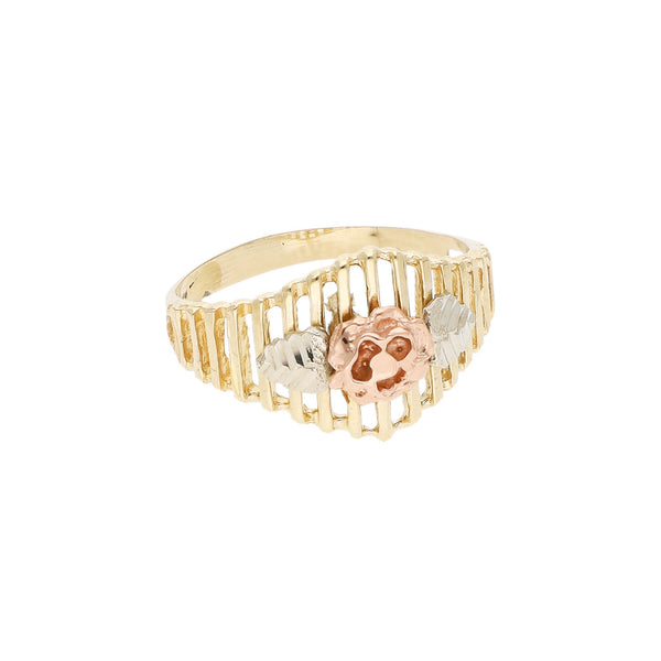 Anillo calado diseño rosa en oro tres tonos 14 kilates.