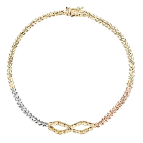 Pulsera eslabón boleado con aplicación en oro tres tonos 14 kilates.