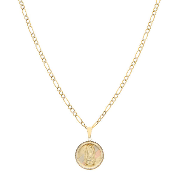 Collar de tres eslabones por uno platinado y medalla laminada con circonias motivo Virgen de Guadalupe en oro amarillo 14 kilates.