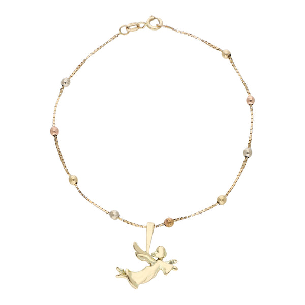 Pulsera eslabón cuadrado cruzado con aplicaciones y dije motivo ángel en oro tres tonos 14 kilates.