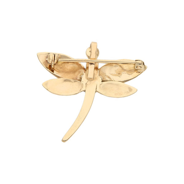 Prendedor diseño especial con sintétcos motivo libélula en oro amarillo 14 kilates.