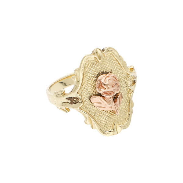 Anillo diseño especial motivo flor en oro dos tonos 14 kilates.