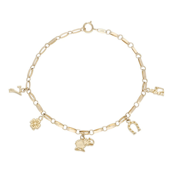 Pulsera eslabón combinado con colgantes motivos de la suerte en oro amarillo 14 kilates.