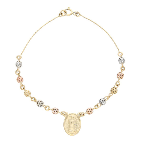 Pulsera tipo rosario eslabón laminado con cuentas caladas en oro tres tonos 14 kilates.