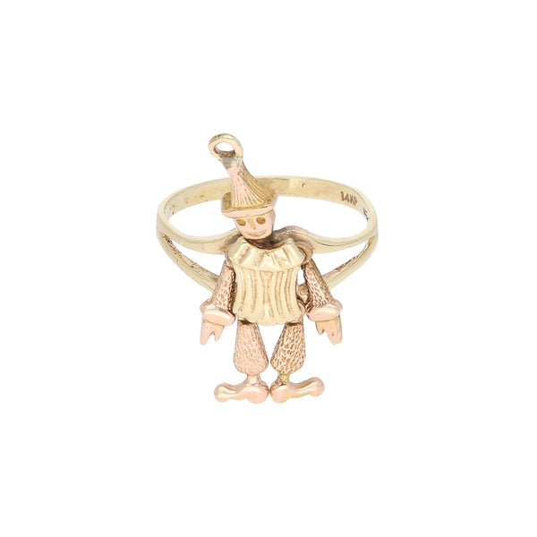 Anillo diseño especial motivo payaso en oro dos tonos 14 kilates.