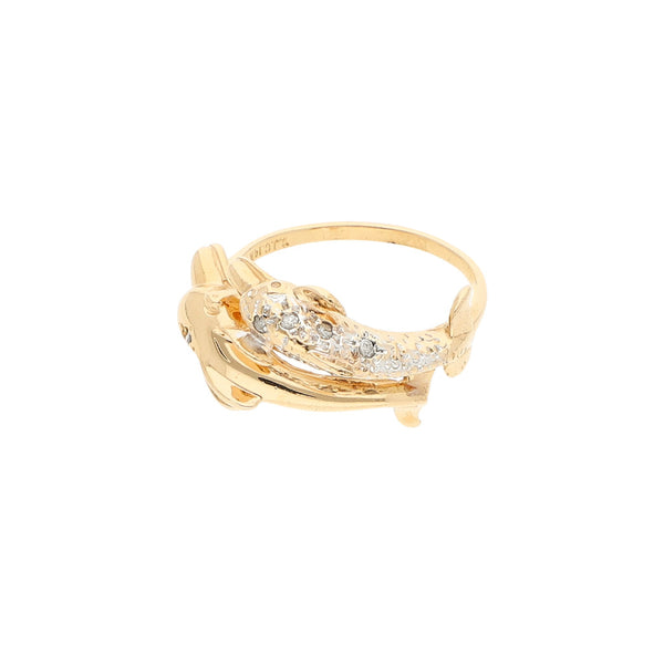 Anillo diseño especial motivo delfín con sintéticos en oro amarillo 14 kilates.