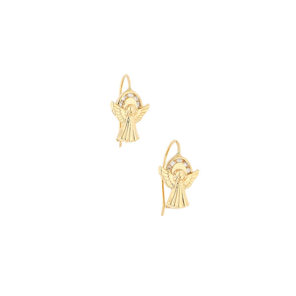 Aretes diseño especial motivo ángeles con circonias en oro amarillo 14 kilates.