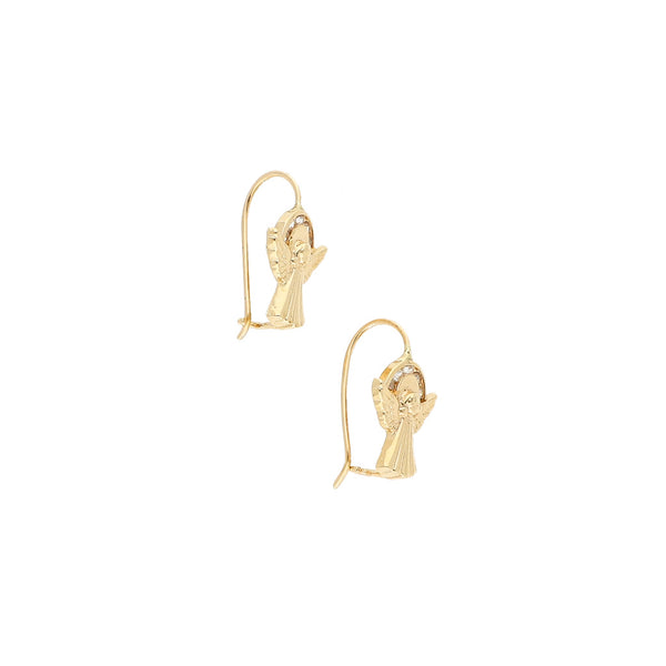 Aretes diseño especial motivo ángeles con circonias en oro amarillo 14 kilates.