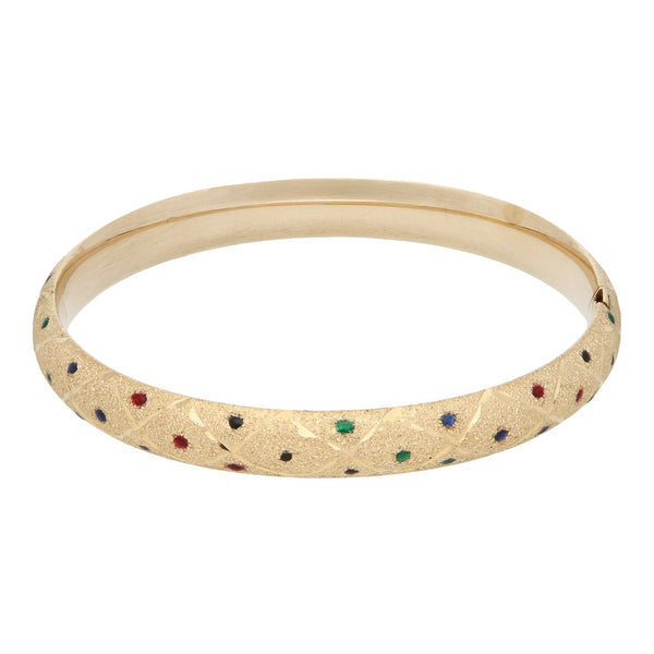 Pulsera de arillo labrada con esmalte en oro amarillo 14 kilates.