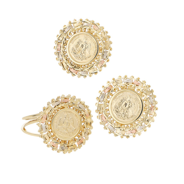 Juego de anillo y aretes boleados con aplicaciones motivo moneda en oro tres tonos 14 kilates.