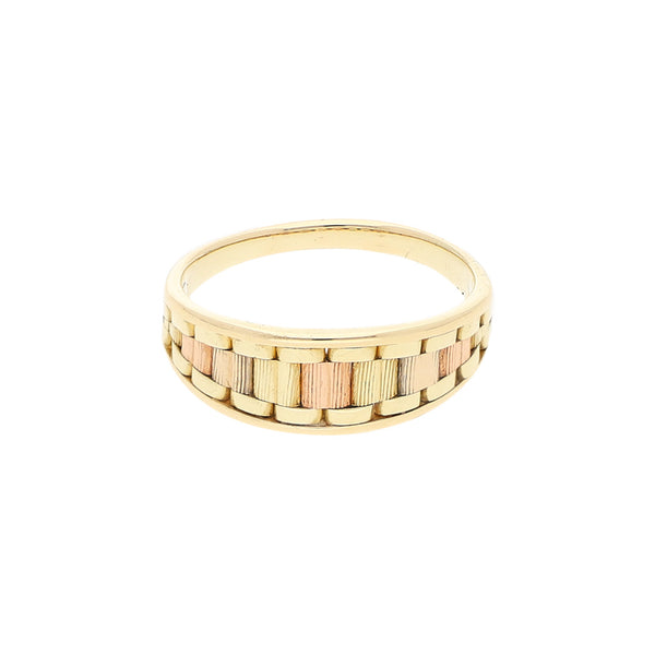 Anillo diseño especial en oro tres tonos 14 kilates.