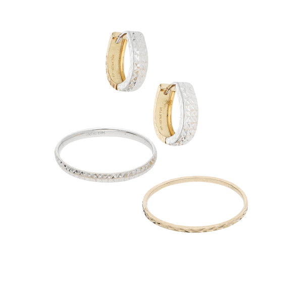Dos argollas y aretes facetados en oro dos tonos 14 kilates.