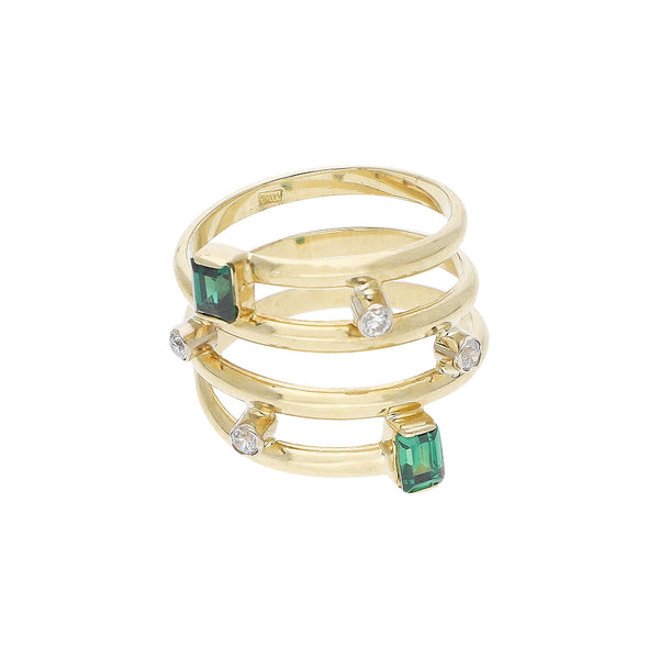 Anillo diseño especial con esmeraldas y sintéticos en oro amarillo 14 kilates.