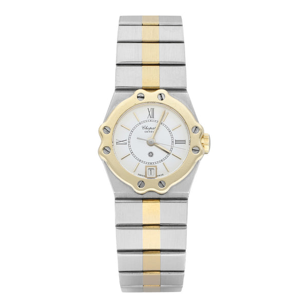 Reloj Chopard para dama modelo St. Moritz vistas en oro amarillo 18 kilates.