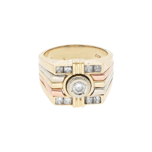 Anillo tipo sello con sintéticos en oro tres tonos 14 kilates.