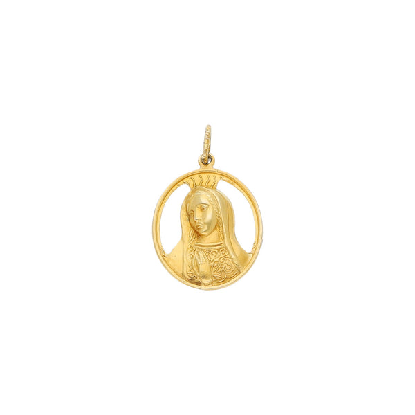 Medalla calada motivo Virgen de Guadalupe en oro amarillo 14 kilates.