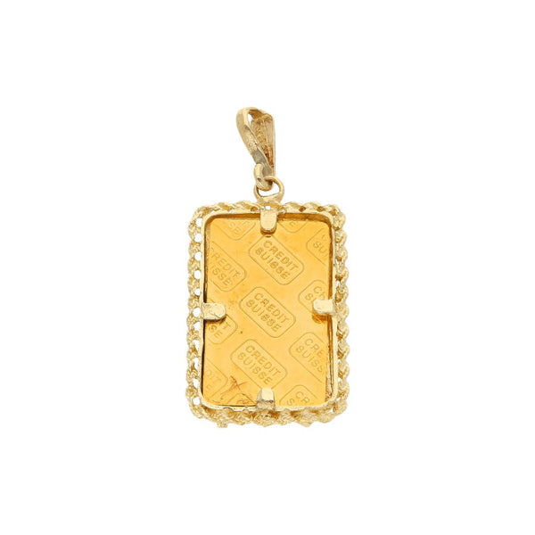 Dije diseño especial con un crédito suizo de 2.5 gramos oro amarillo 24 kilates en oro amarillo 14 kilates.