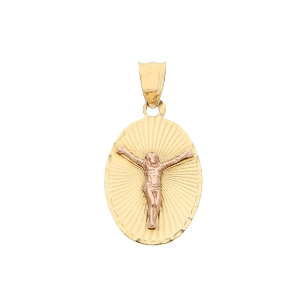 Medalla facetada motivo Cristo en oro dos tonos 12 kilates.