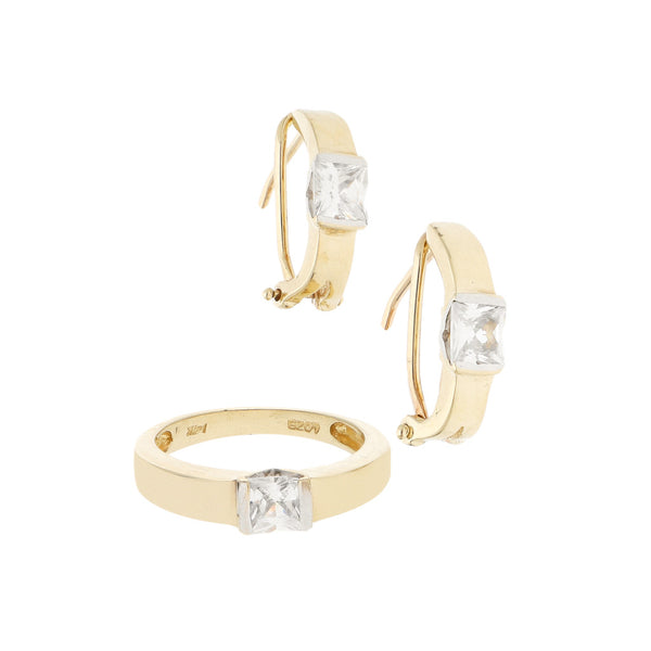 Juego de anillo y aretes estilizados con sintéticos en oro amarillo 14 kilates.