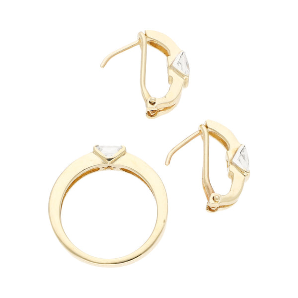 Juego de anillo y aretes estilizados con sintéticos en oro amarillo 14 kilates.