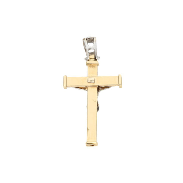 Crucifijo diseño especial en oro dos tonos 14 kilates.