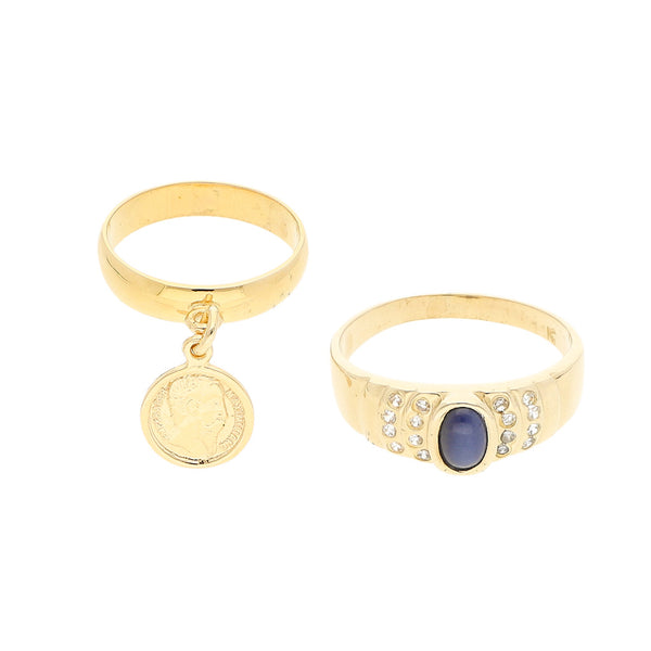 Anillo y argolla hechuras diferenetes motivo moneda y sintéticos en oro amarillo 14 kilates.