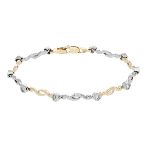 Pulsera eslabón articulado con sintéticos en oro dos tonos 14 kilates.