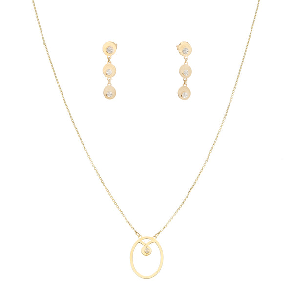 Juego de gargantilla eslabón cruzado con colgante y aretes diseño especial en oro dos tonos 14 kilates.