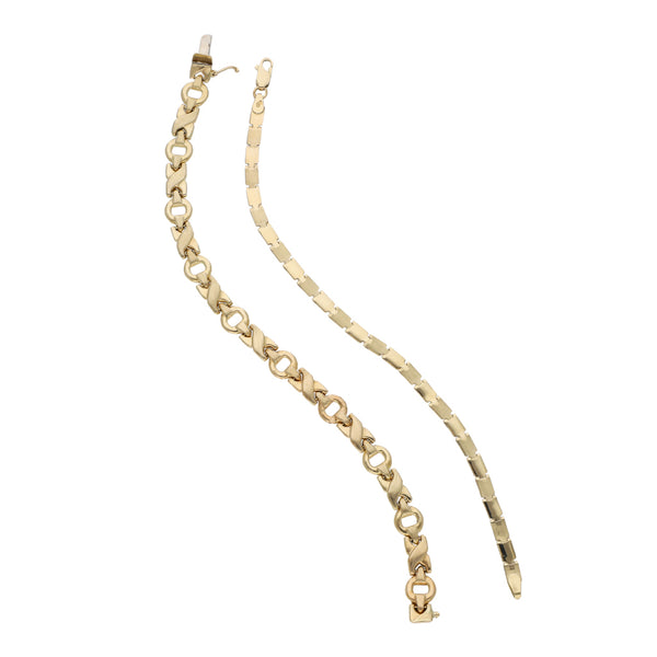 Dos pulseras eslabón laminado y XOXO en oro amarillo 14 kilates ...