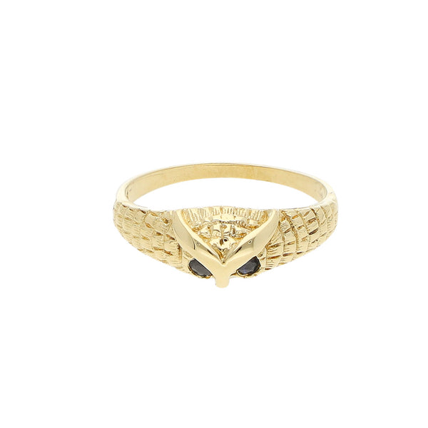 Anillo labrado motivo búho con sintéticos en oro amarillo 12 kilates.