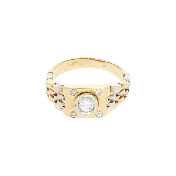 Anillo articulado con sinteticos en oro dos tonos 14 kilates.