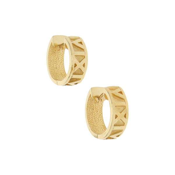 Arracadas articuladas motivo números romanos en oro amarillo 14 kilates.