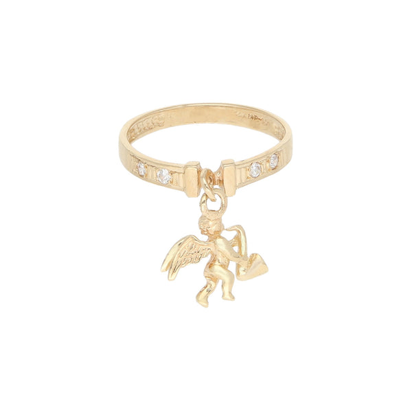 Argolla diseño especial con circonias y colgante motivo ángel en oro amarillo 14 kilates.