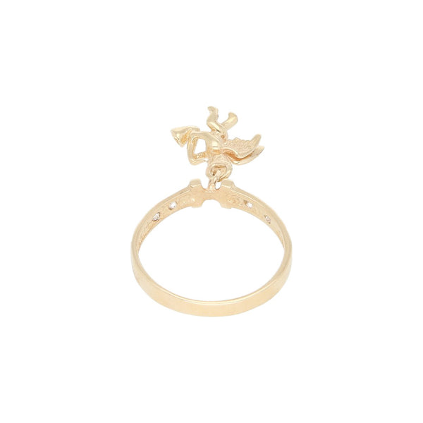 Argolla diseño especial con circonias y colgante motivo ángel en oro amarillo 14 kilates.