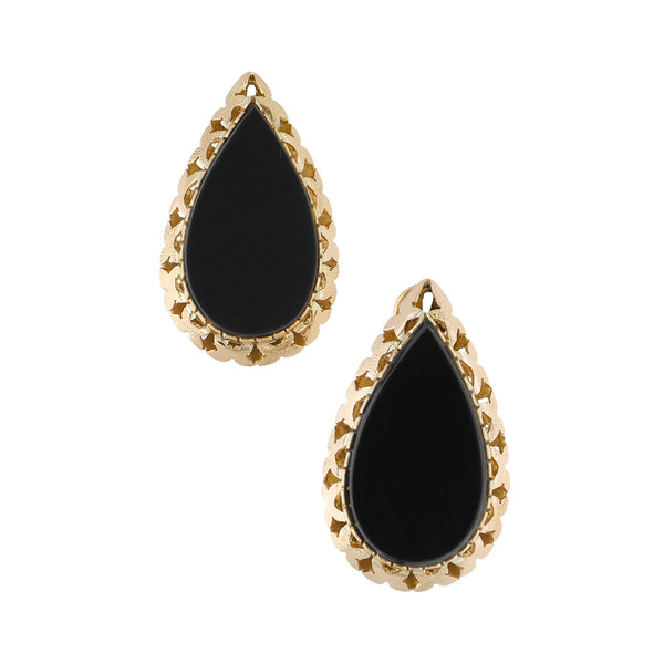 Aretes calados con ónix en oro amarillo 14 kilates.