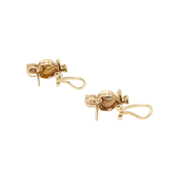 Juego de anillo y aretes diseño especial con sintéticos motivo búho en oro tres tonos 14 kilates.