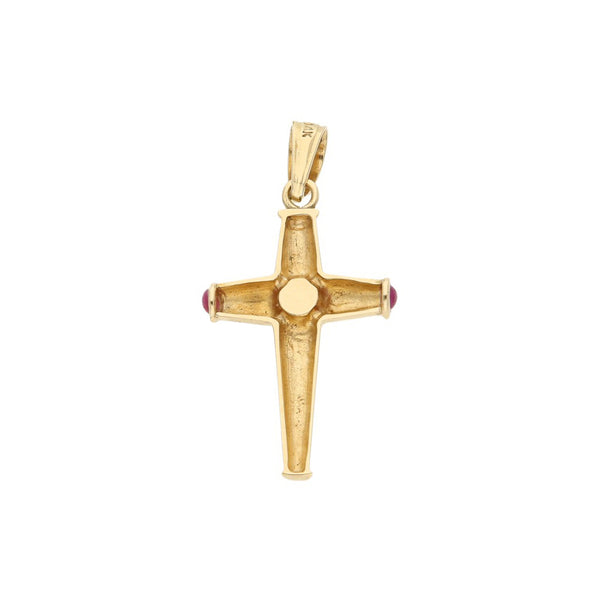 Cruz diseño especial con perla y sintéticos en oro amarillo 14 kilates.