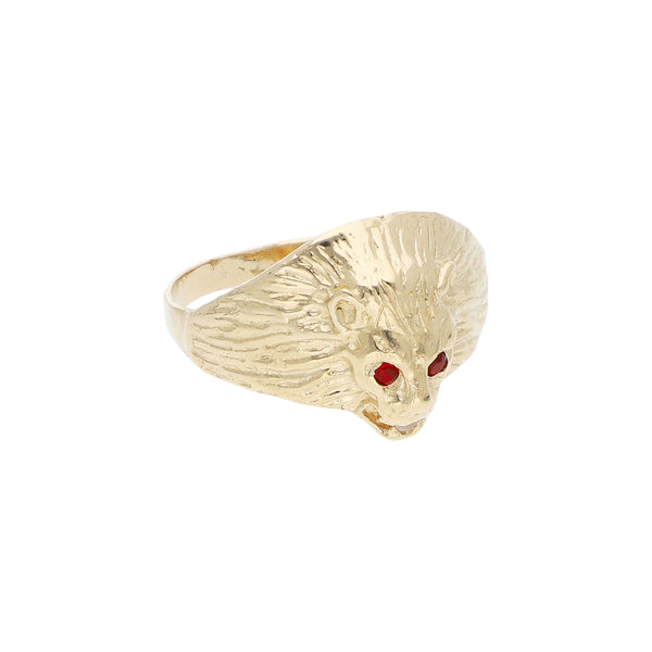 Anillo diseño especial con sintéticos motivo león en oro amarillo 14 kilates.